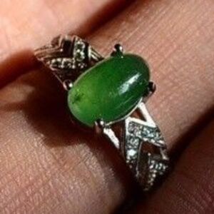 Cert'd Fine Natural Type A Icy Emerald Jadeite Jade Oval Cabochon S925 Ring